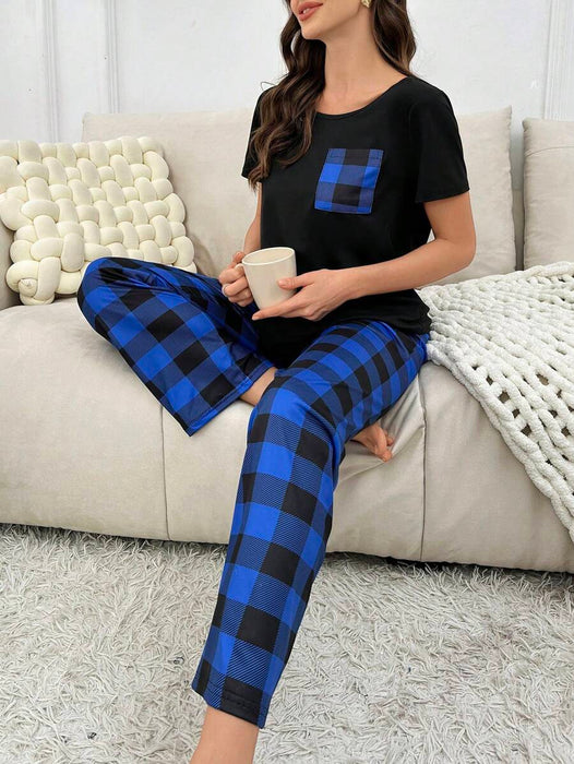 2 Pieces Plaid Pajama Set With Pockets