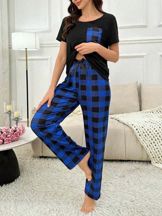 2 Pieces Plaid Pajama Set With Pockets