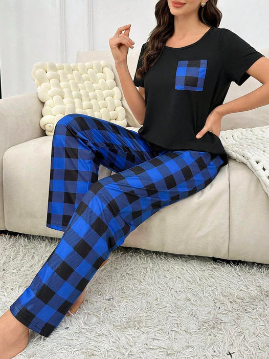 2 Pieces Plaid Pajama Set With Pockets