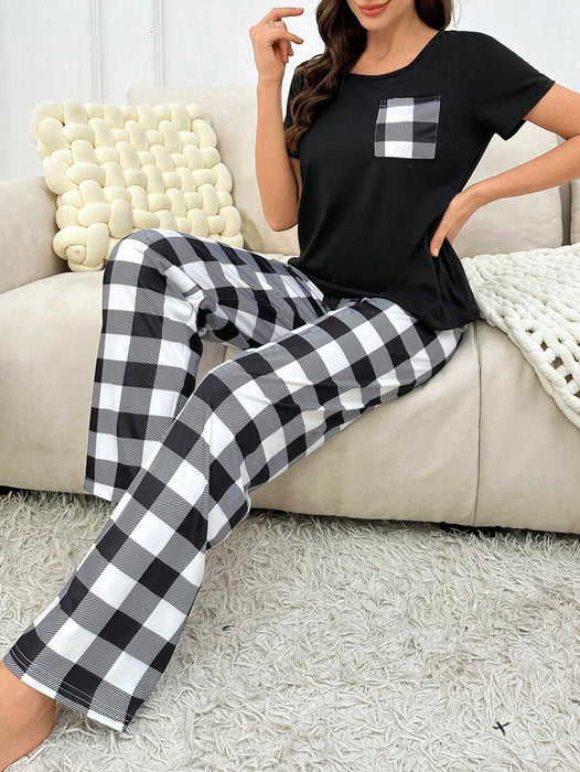 2 Pieces Plaid Pajama Set With Pockets