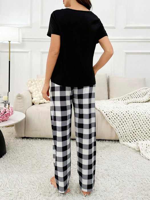 2 Pieces Plaid Pajama Set With Pockets