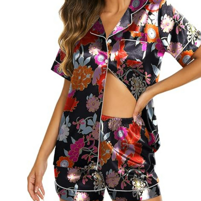 Satin Short Sleeve Button Down Pajamas Set