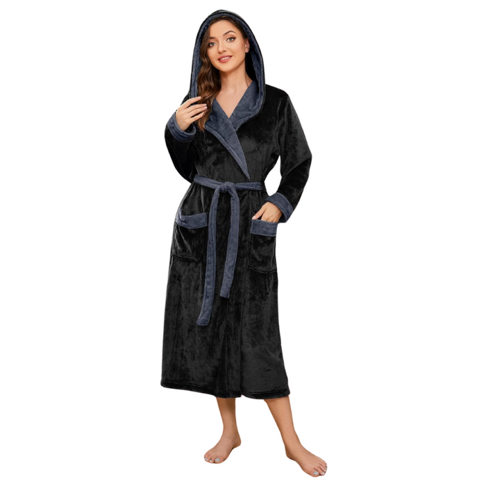 Dual Tone Long Hooded Fleece Bathrobe