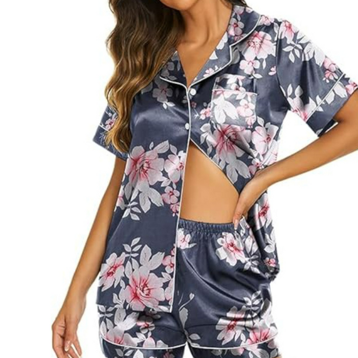 Satin Short Sleeve Button Down Pajamas Set