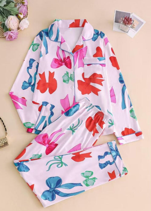 2 Piece Bow Patterned Long Sleeve Pajamas Set