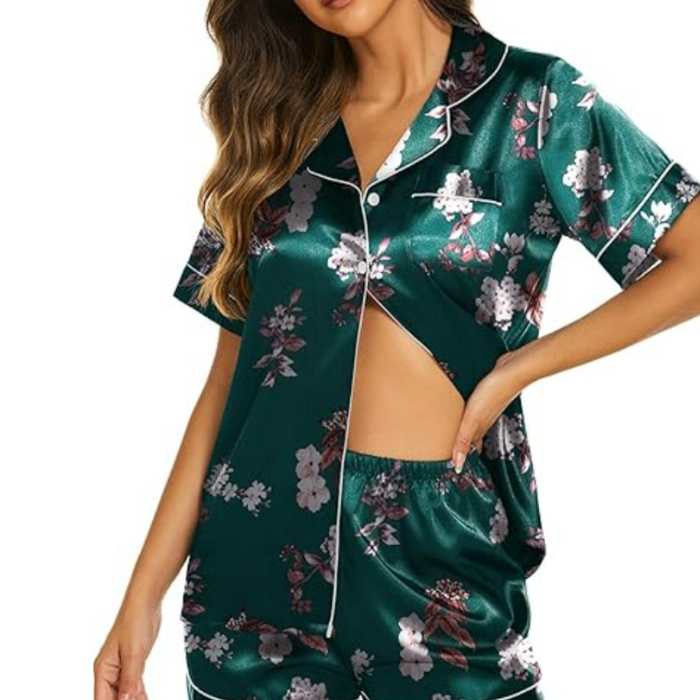 Satin Short Sleeve Button Down Pajamas Set