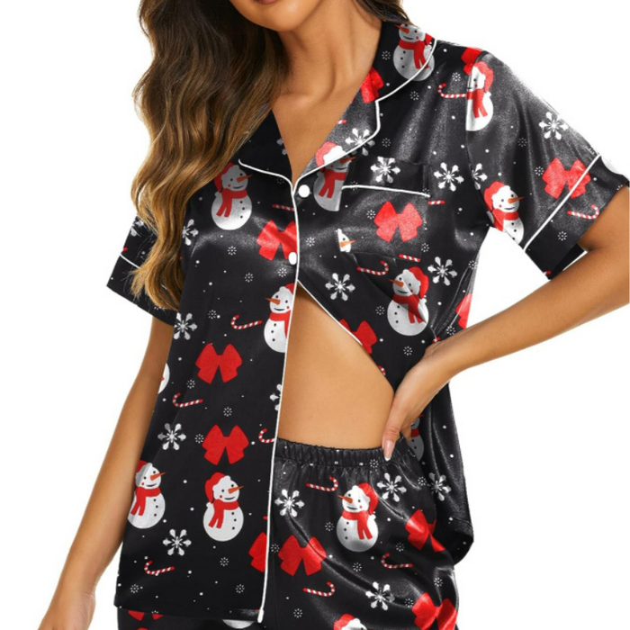 Christmas Theme Satin Short Sleeve Top And Shorts Set