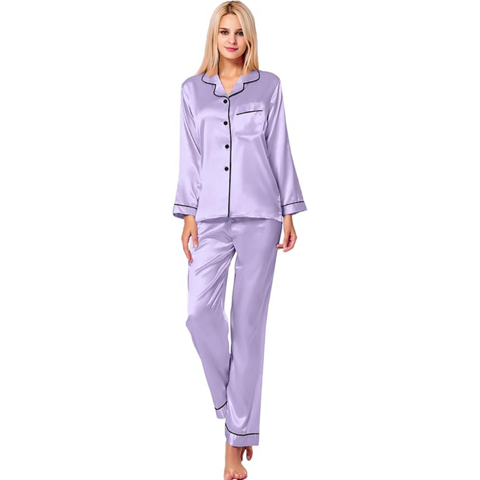 Button Down Long Sleeve Satin Pajama Set