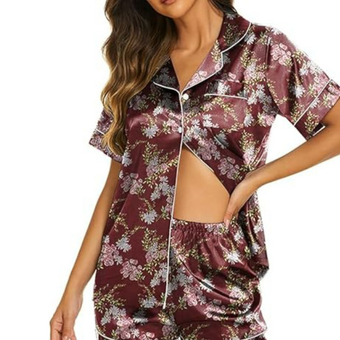 Satin Short Sleeve Button Down Pajamas Set