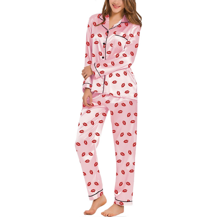 Elegant Long Sleeve Printed Satin Pajama Set