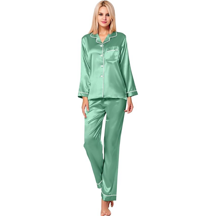 Button Down Long Sleeve Satin Pajama Set