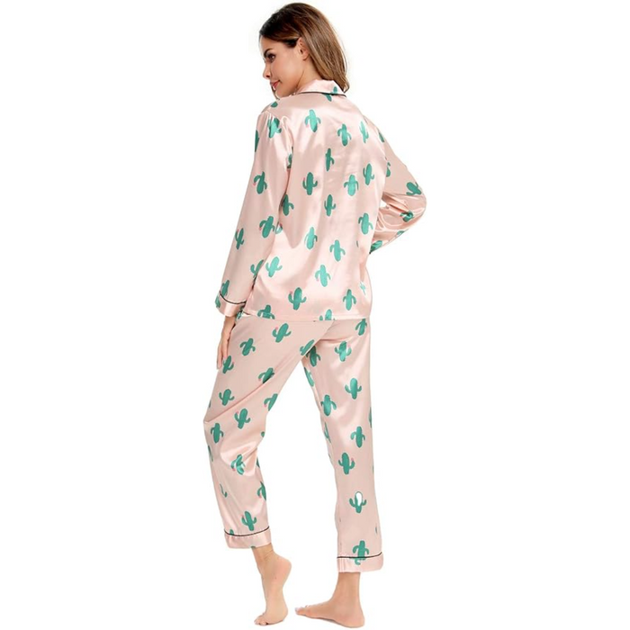 Long Sleeve Printed Button Down Satin Pajama Set