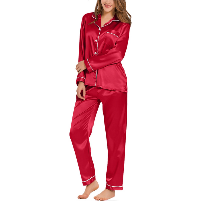 Button Down Long Sleeve Satin Pajama Set