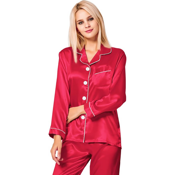 Button Down Long Sleeve Satin Pajama Set