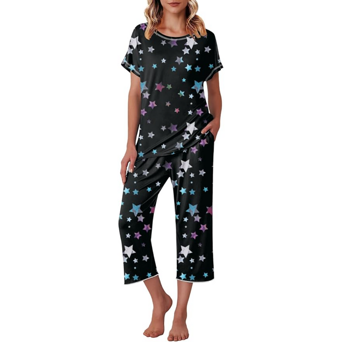 Star Printed Capri Pajama Set With Short Sleeve Top