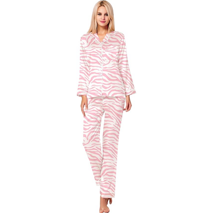 Long Sleeve Printed Button Down Satin Pajama Set