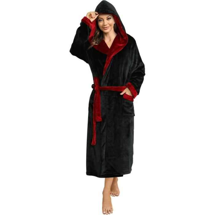 Dual Tone Long Hooded Fleece Bathrobe