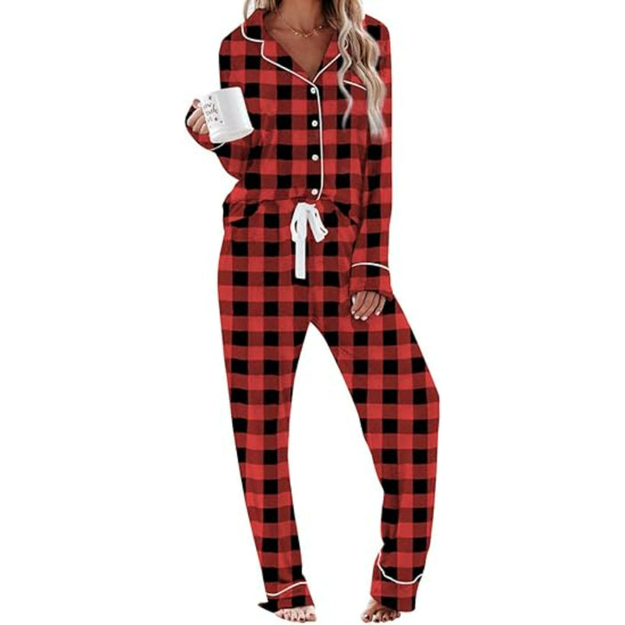 Plaid Pattern Long Sleeve Button Down Pajama Set