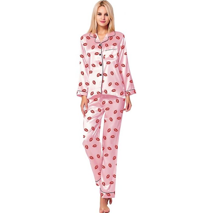 Elegant Long Sleeve Printed Satin Pajama Set