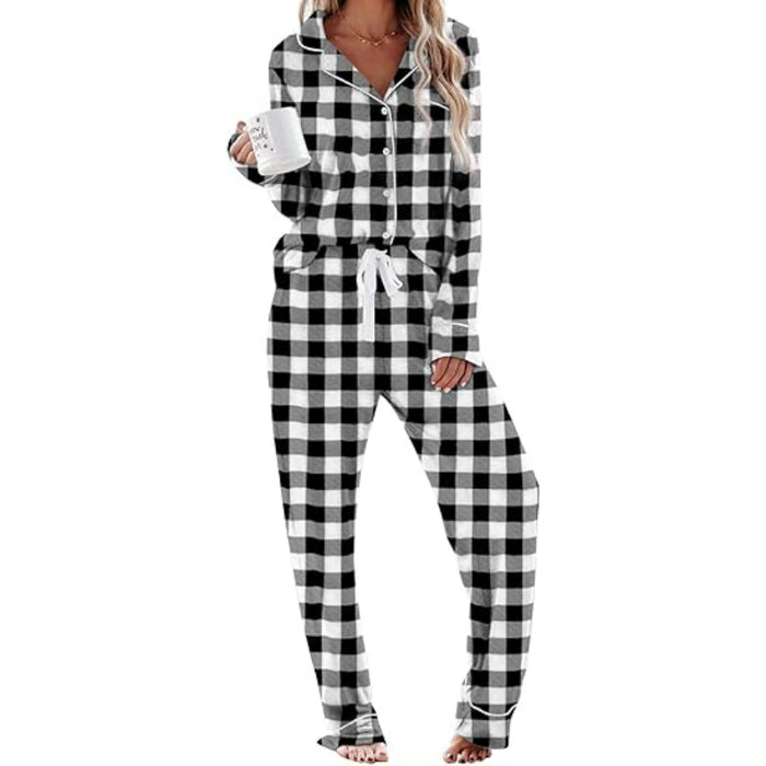 Plaid Pattern Long Sleeve Button Down Pajama Set