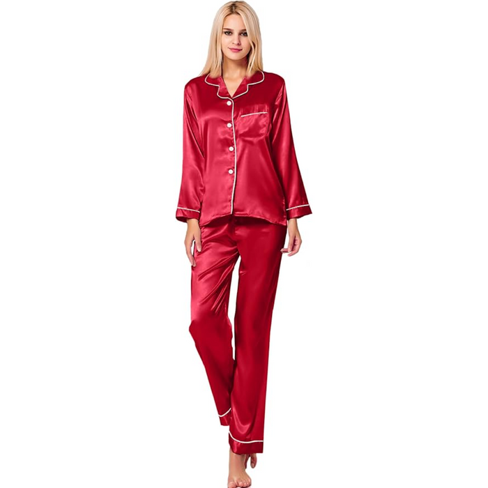 Button Down Long Sleeve Satin Pajama Set