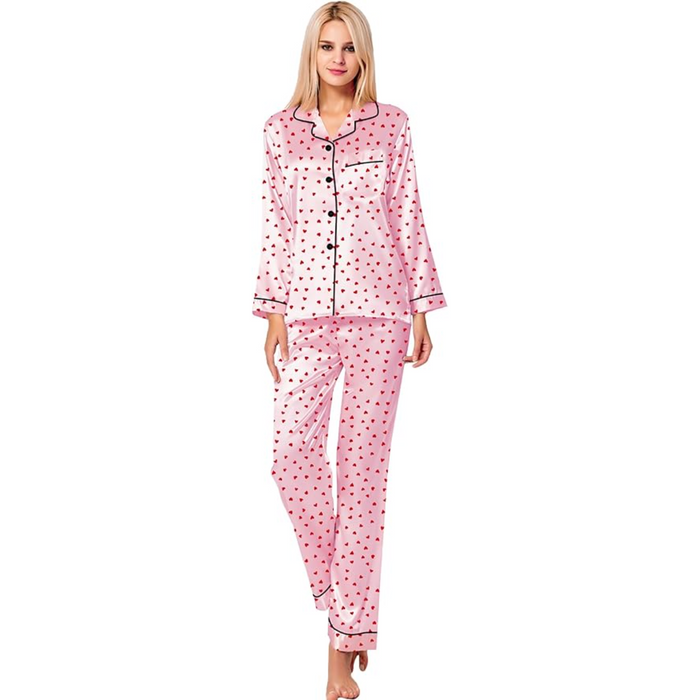 Long Sleeve Printed Button Down Satin Pajama Set