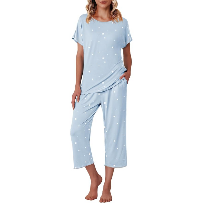 Star Printed Capri Pajama Set With Short Sleeve Top