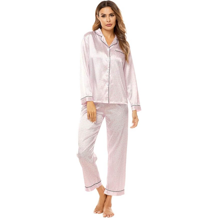 Button Down Long Sleeve Satin Pajama Set