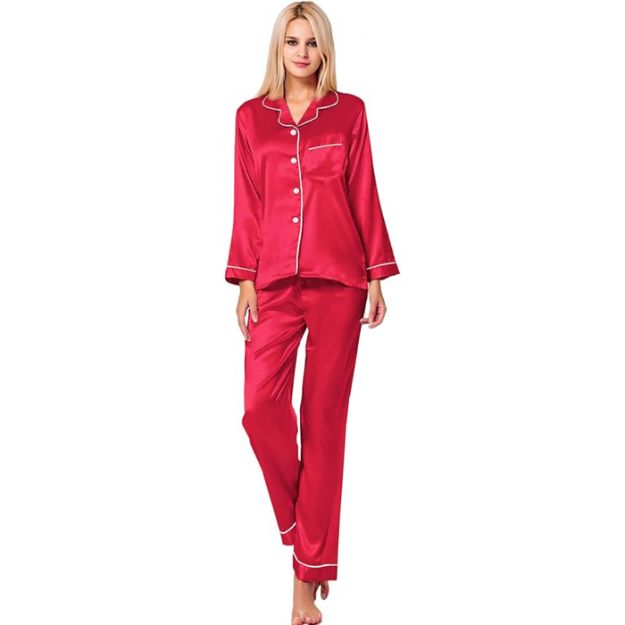 Button Down Long Sleeve Satin Pajama Set