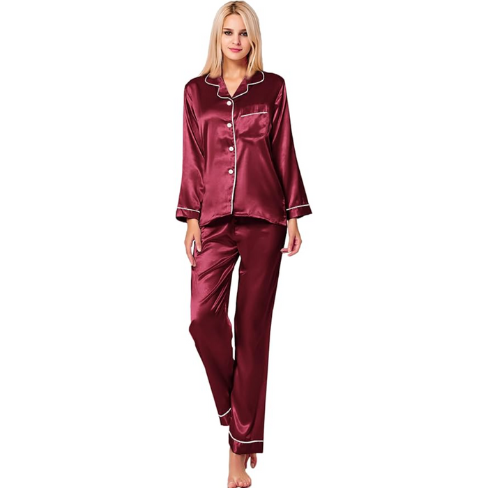 Button Down Long Sleeve Satin Pajama Set