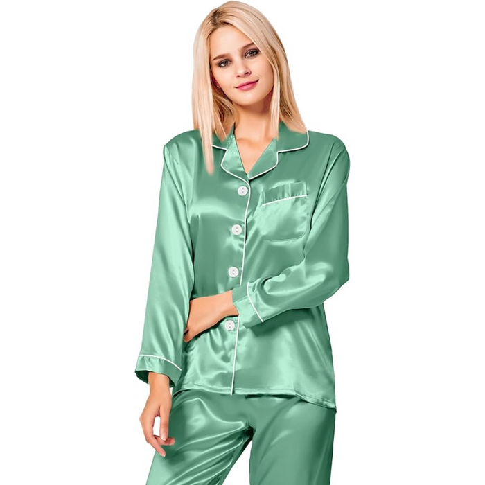 Button Down Long Sleeve Satin Pajama Set