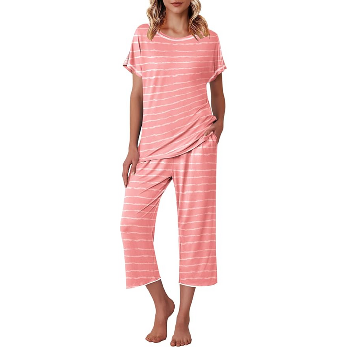 Printed Capri Pajama Set With Short Sleeve Top