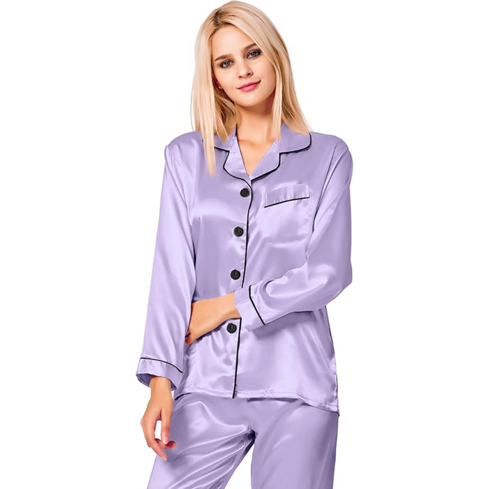 Button Down Long Sleeve Satin Pajama Set