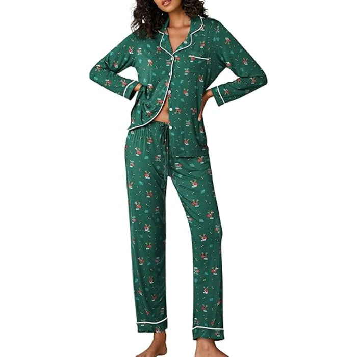 Christmas Theme Button Down Long Sleeve Lounge Set