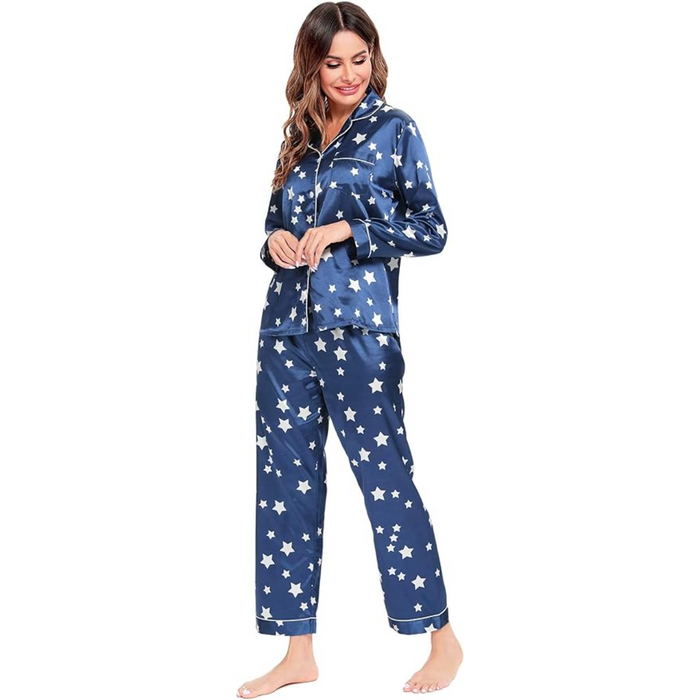 Long Sleeve Printed Button Down Satin Pajama Set