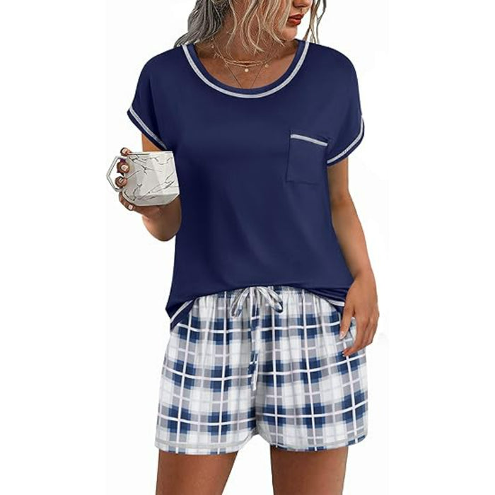 Short Sleeve Contrast Piping Pajama Set With Pocket