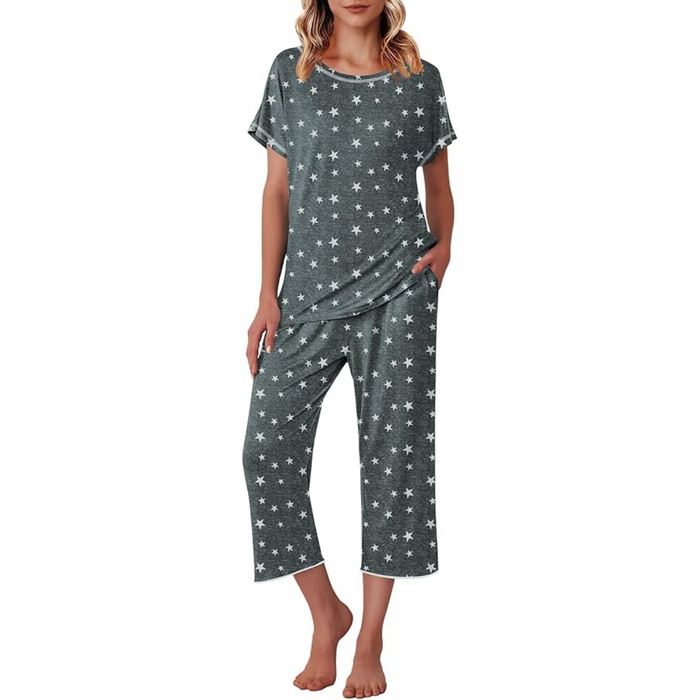 Star Printed Capri Pajama Set With Short Sleeve Top