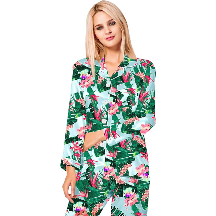 Long Sleeve Printed Button Down Satin Pajama Set