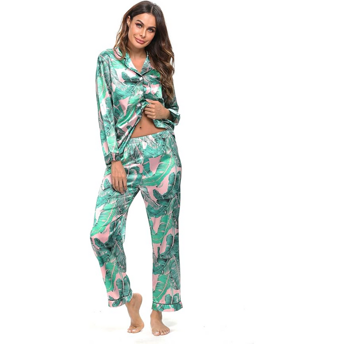 Long Sleeve Printed Button Down Satin Pajama Set