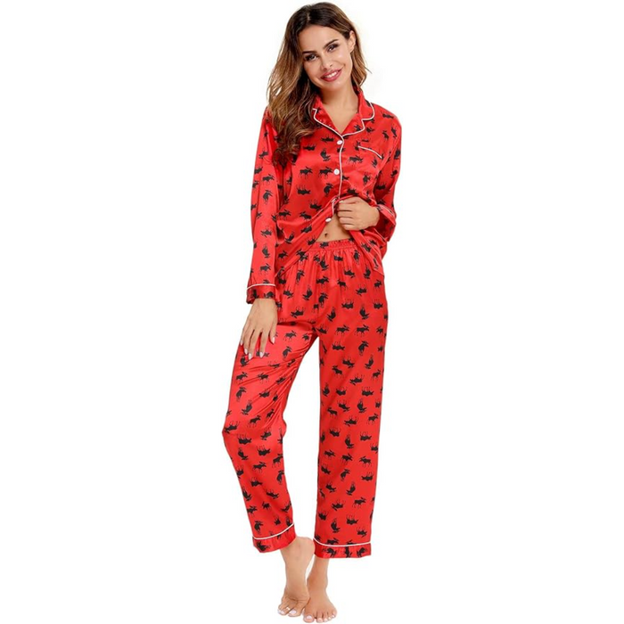 Long Sleeve Printed Button Down Satin Pajama Set