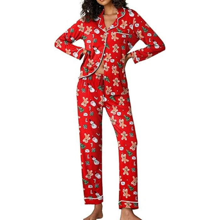 Christmas Theme Button Down Long Sleeve Lounge Set