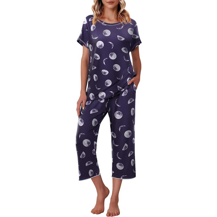 Printed Capri Pajama Set With Short Sleeve Top