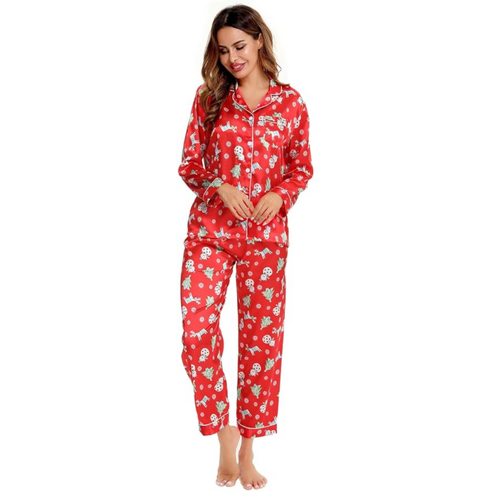 Long Sleeve Printed Button Down Satin Pajama Set