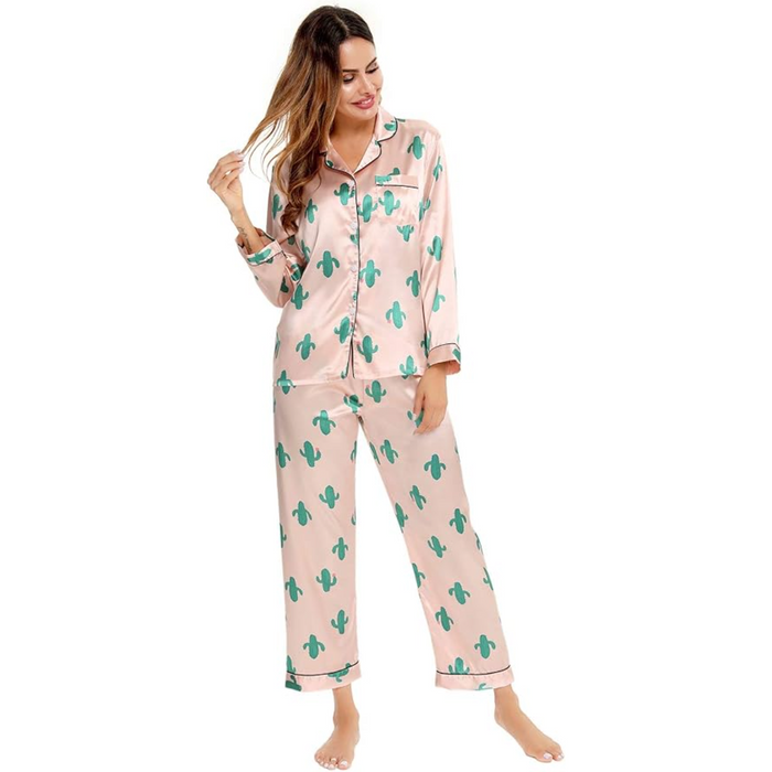 Long Sleeve Printed Button Down Satin Pajama Set