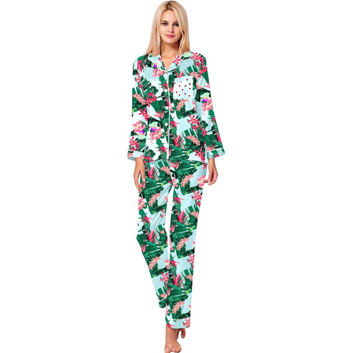 Long Sleeve Printed Button Down Satin Pajama Set