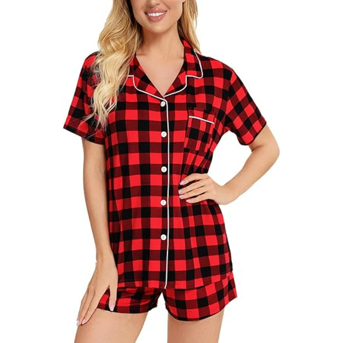 Plaid Print Short Sleeve Button Down Sleepwear Set