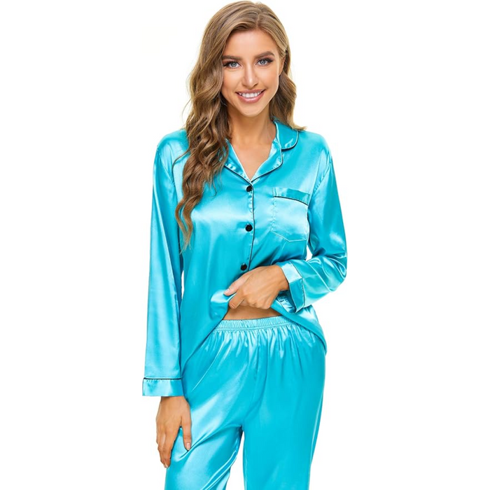 Button Down Long Sleeve Satin Pajama Set