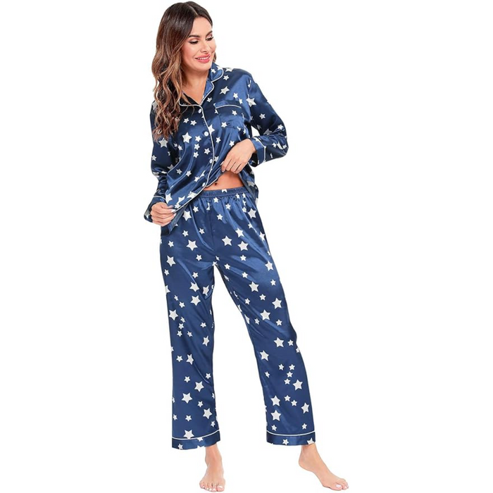 Long Sleeve Printed Button Down Satin Pajama Set