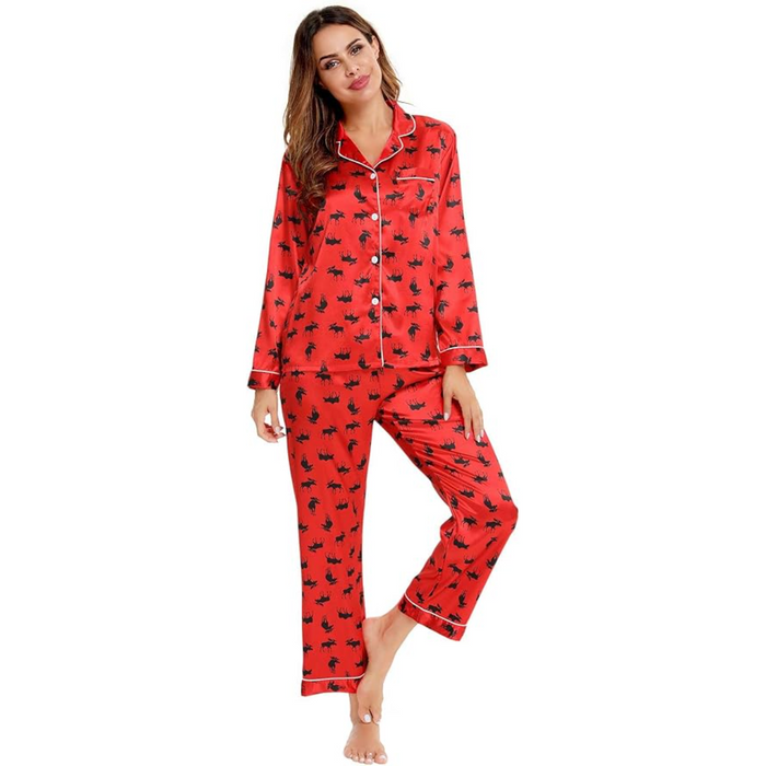 Long Sleeve Printed Button Down Satin Pajama Set