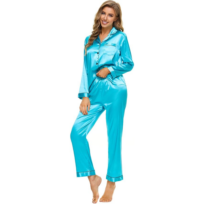 Button Down Long Sleeve Satin Pajama Set